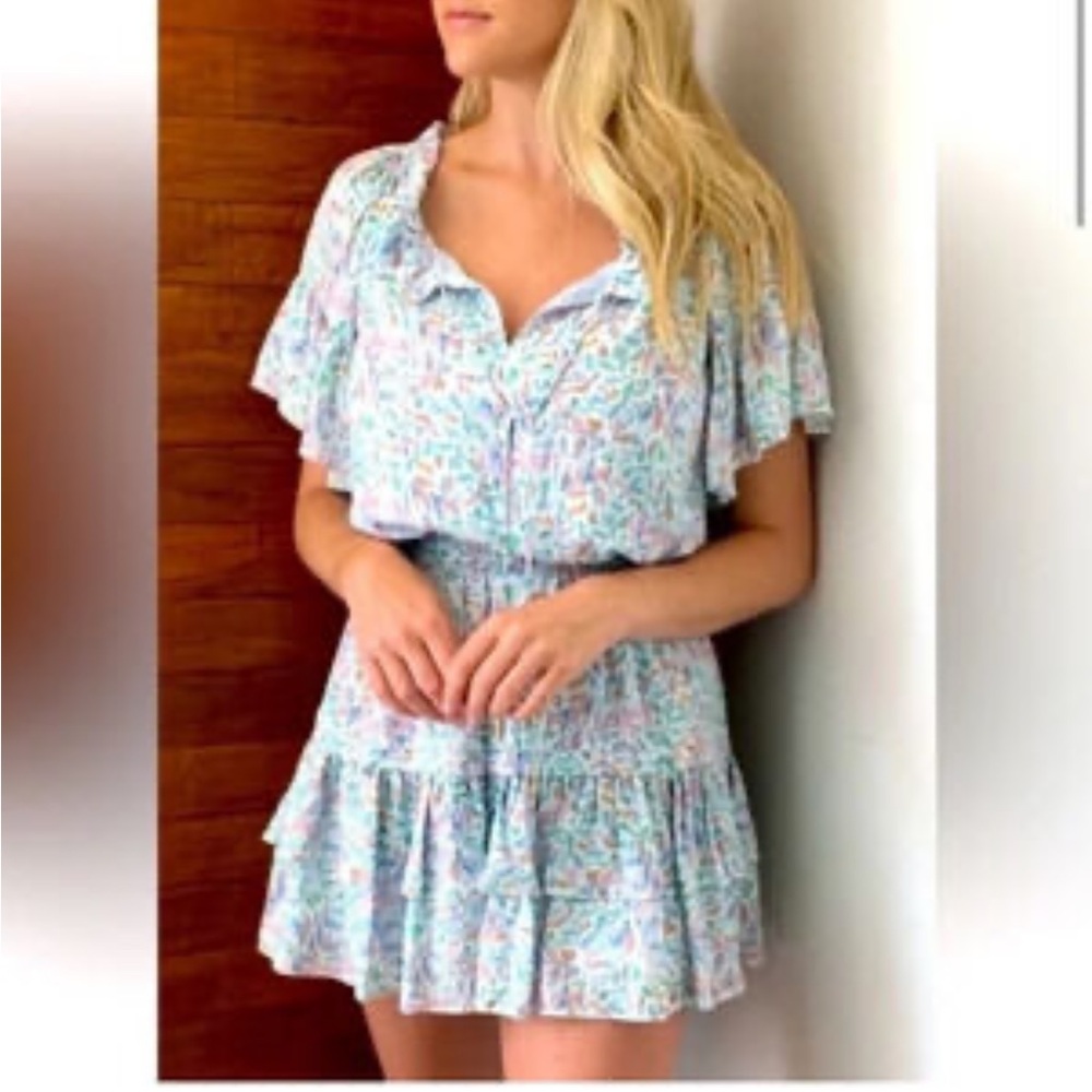 Anna Cate Blue Floral Ruffle Mini Dress Size XS Preppy‎ Chic Feminine